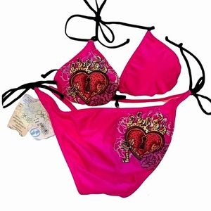 Y2K Split Bikini Swimwear Tattoo Rhinestone Locked Heart & Key Hot Pink Black